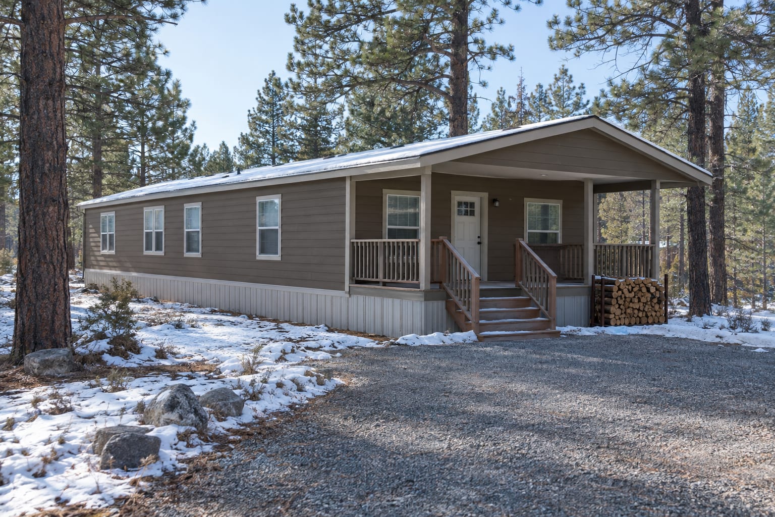 A double-wide manufactured home among ponderosa pines with a light layer of snow on its roof.