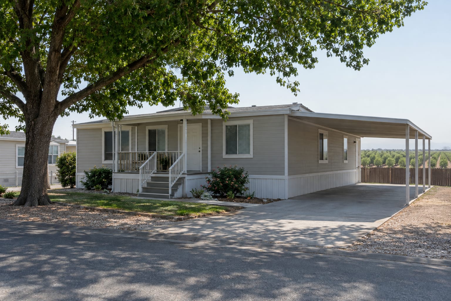 A manufactured home under a mature shade tree in an established community, with rows of orchard trees visible beyond the back fence.
