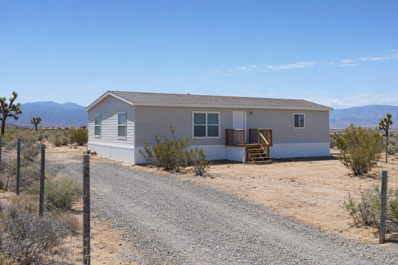A manufactured home with white skirting and a small wooden porch on a fenced high-desert lot, with a gravel driveway in front.
