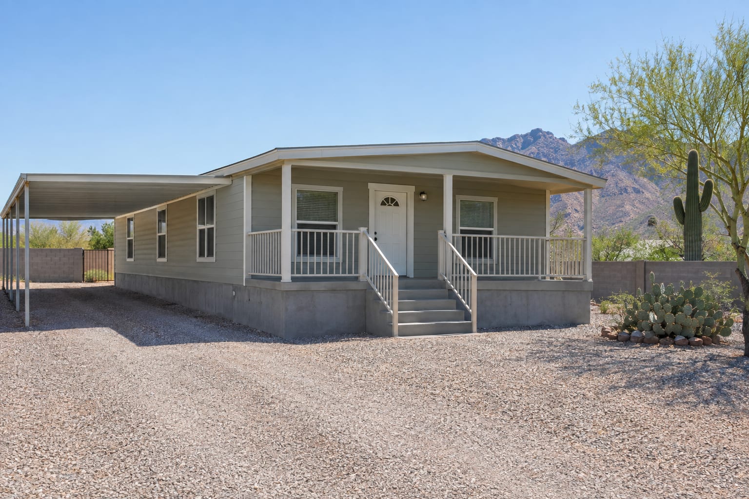 Una casa manufacturada de doble sección sobre un cimiento de muro de concreto en un lote cercado del desierto de Arizona, con entrada de grava, cochera metálica y un saguaro
