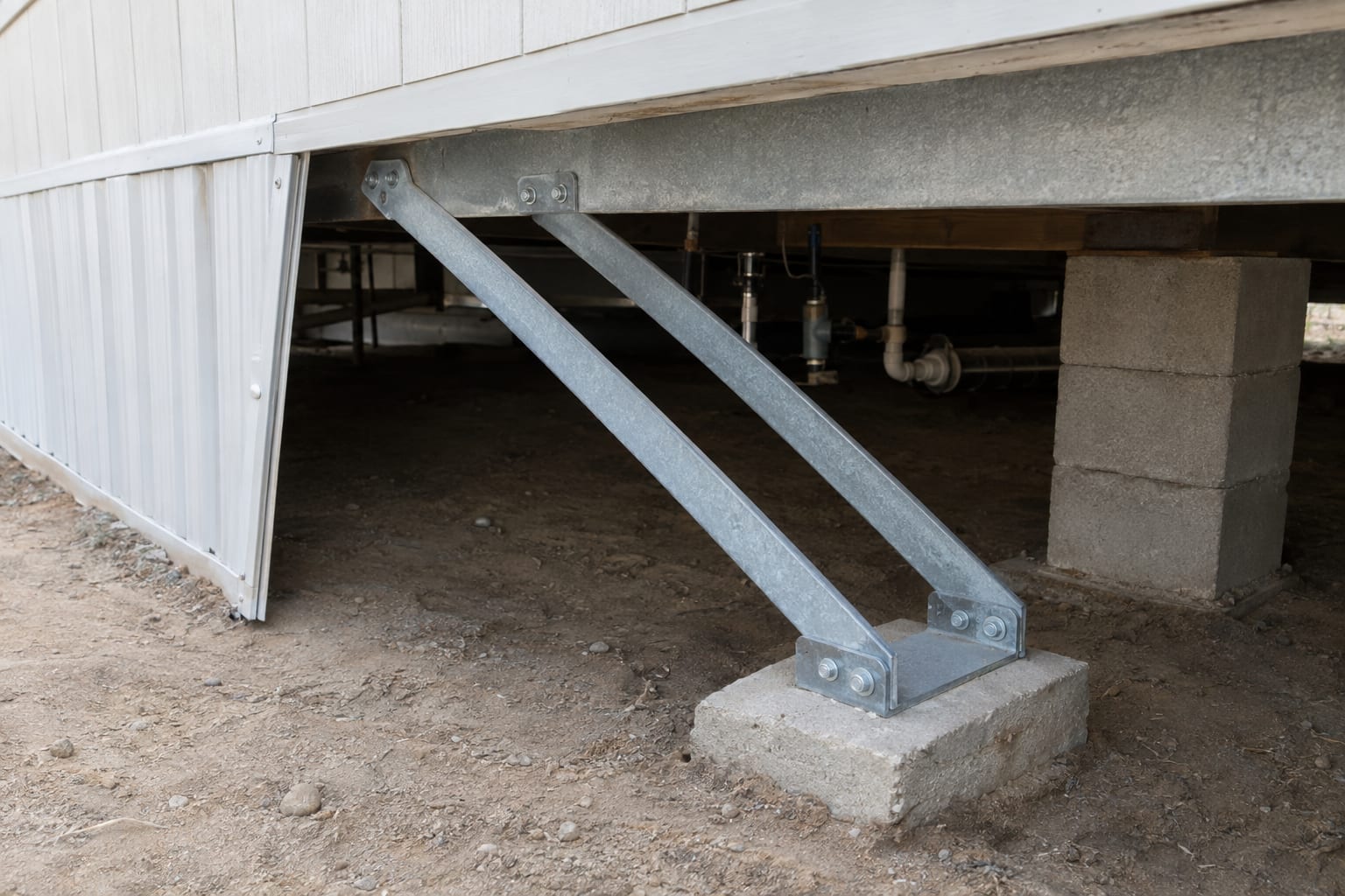Two diagonal steel bracing struts bolted between the steel frame of a manufactured home and a concrete pad on the ground, beside a block pier, seen through an open skirting panel