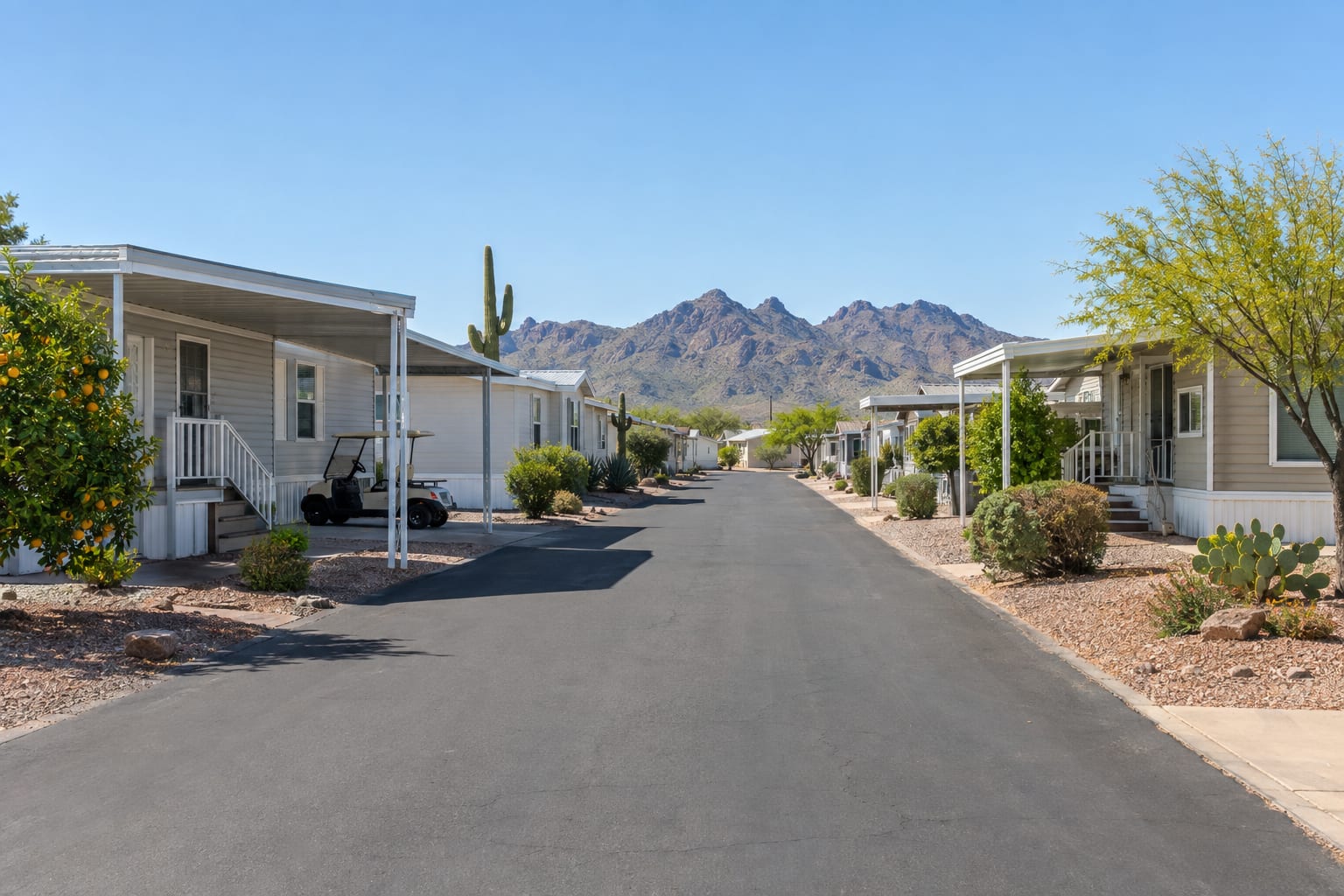 A quiet community street lined with manufactured homes, carports and gravel yards, with a jagged desert mountain range in the distance.