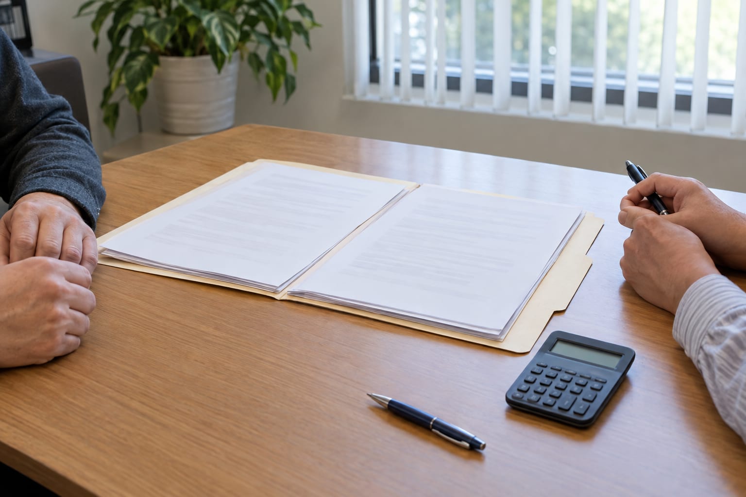 An escrow office desk with an open folder of blurred pages, a pen and a small calculator, two people's hands at its edges
