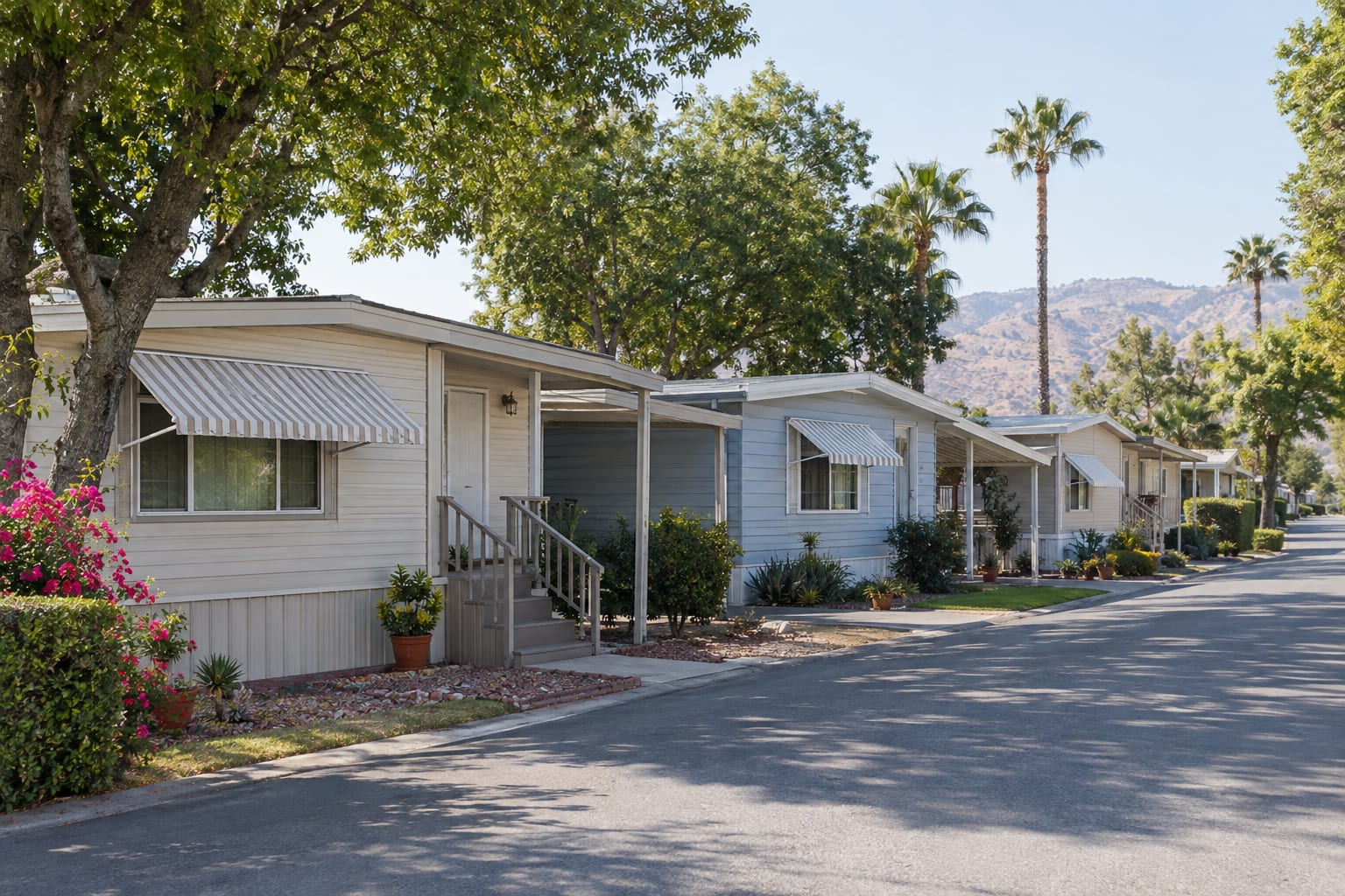 Older, well-kept single-wide and double-wide homes with awnings and carports under mature shade trees on a community street