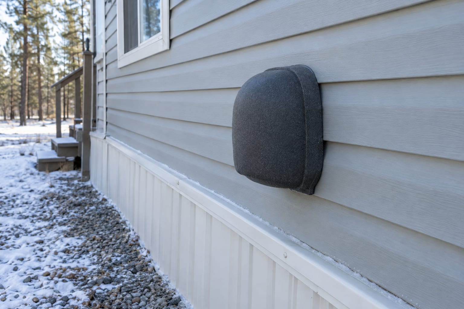 An outdoor faucet with a foam insulating cover on the wall of a manufactured home, above intact skirting with a dusting of snow on the ground.