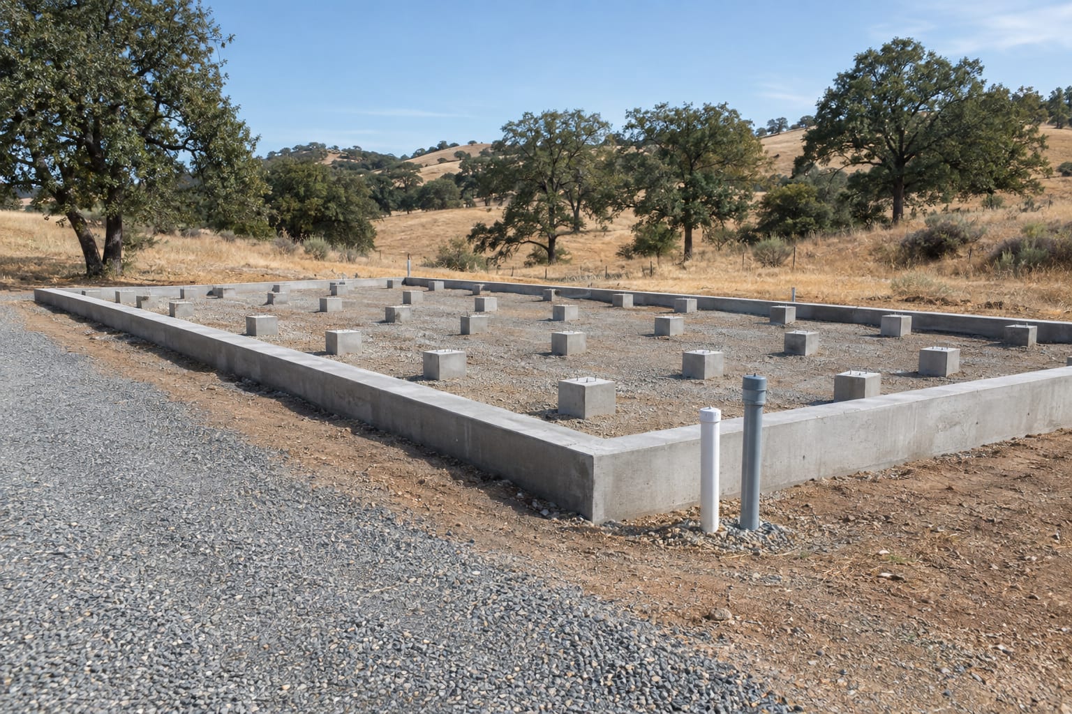 A low concrete perimeter foundation with pier pads on a cleared rural lot, with a gravel driveway and oak-dotted golden hills behind.