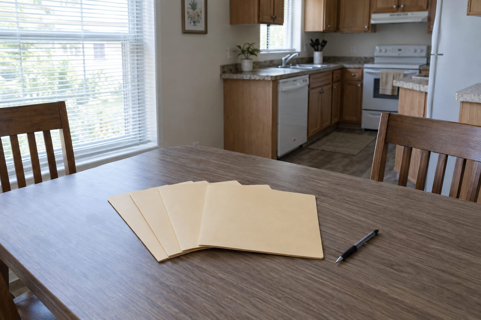 Four plain manila folders fanned out on a dining table beside a pen, with a window and the edge of a kitchen behind them