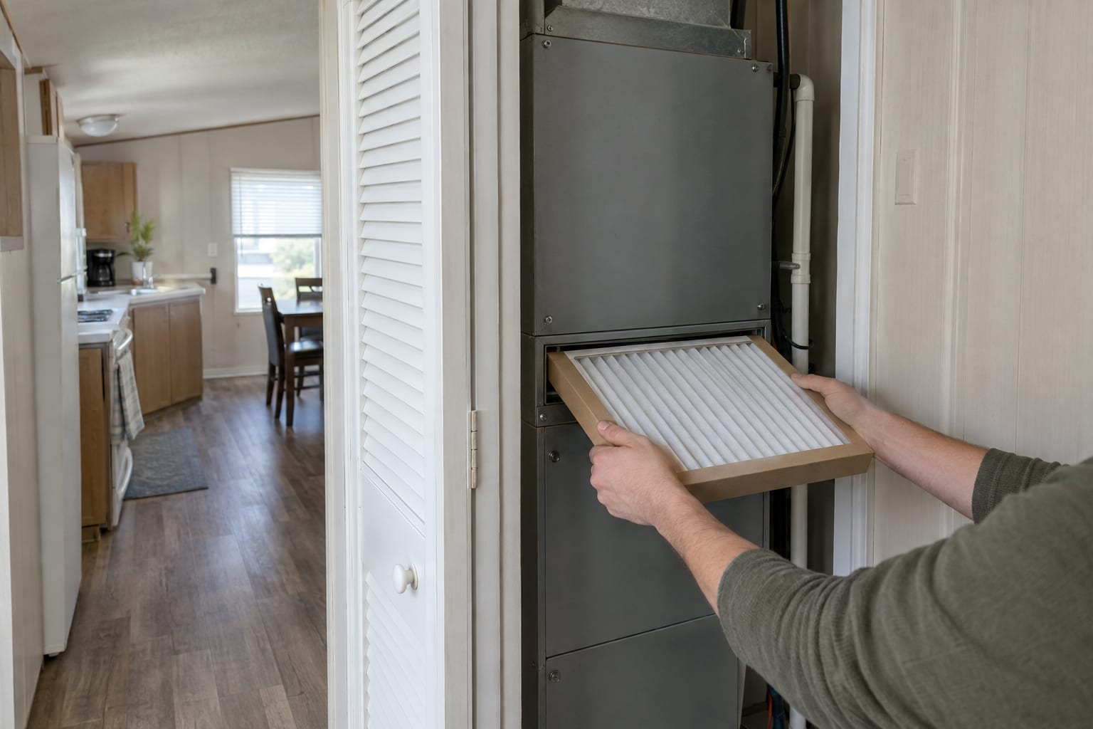 Two hands sliding a clean pleated air filter into the furnace cabinet inside a closet with a white louvered door.