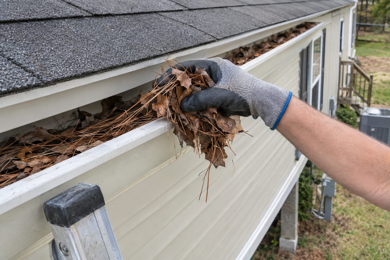A gloved hand scooping dry leaves out of the gutter at the eave of a manufactured home, with the top of a ladder beside it.