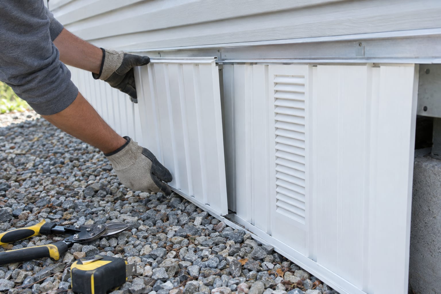 A pair of gloved hands fitting a white vinyl skirting panel into the bottom track beneath a manufactured home, with a gravel yard in the foreground.