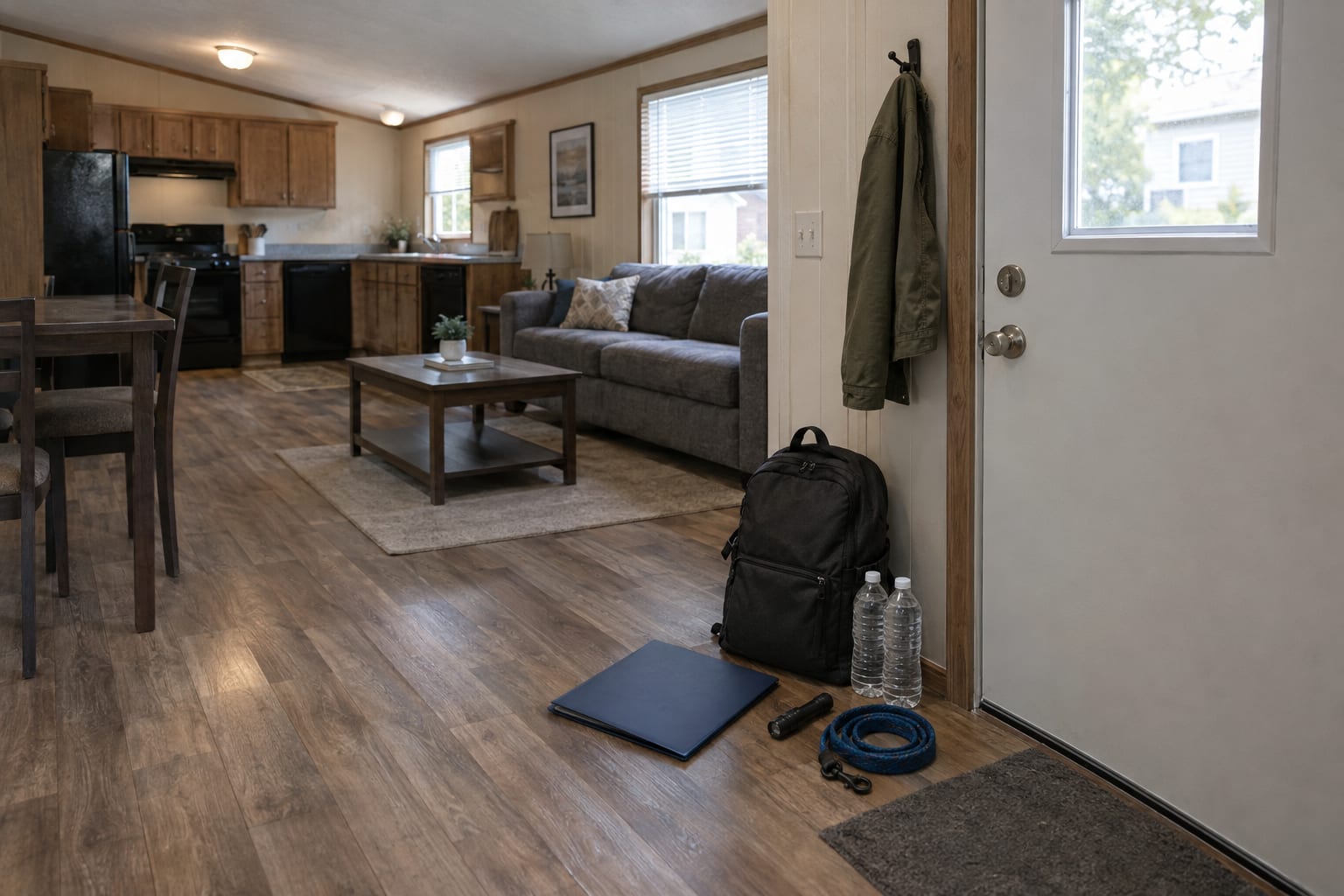 A packed backpack, a document folder, a flashlight, water bottles and a pet leash set out beside the front door of a home.