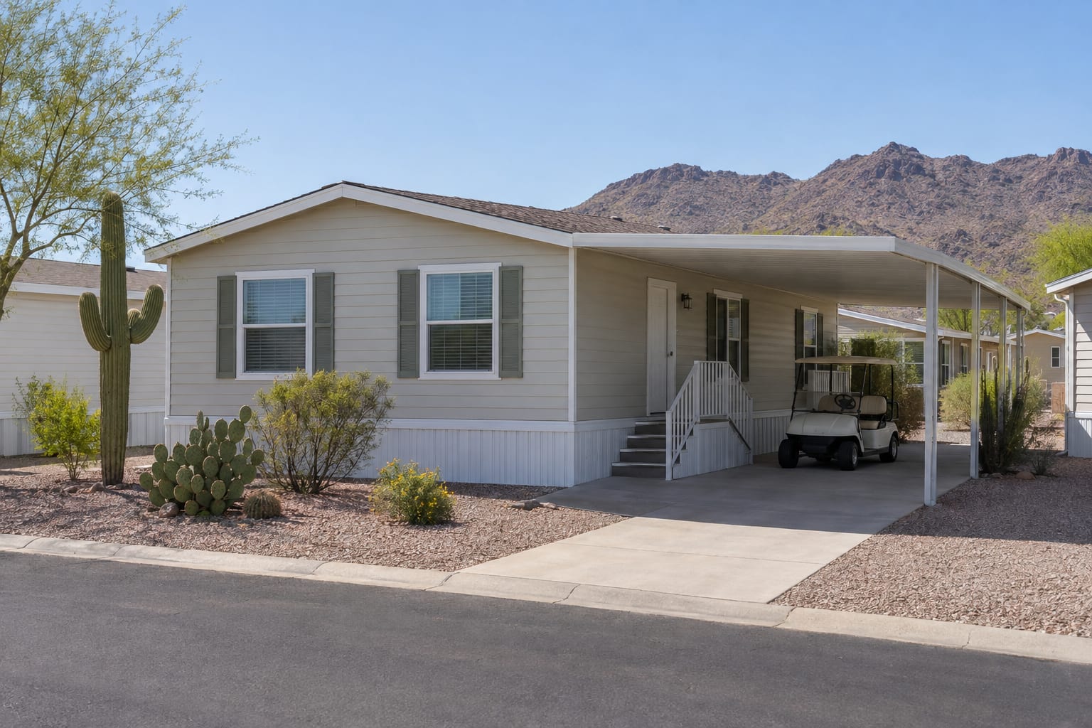 A golf cart parked under the carport of a double-wide manufactured home on a community street in Arizona.