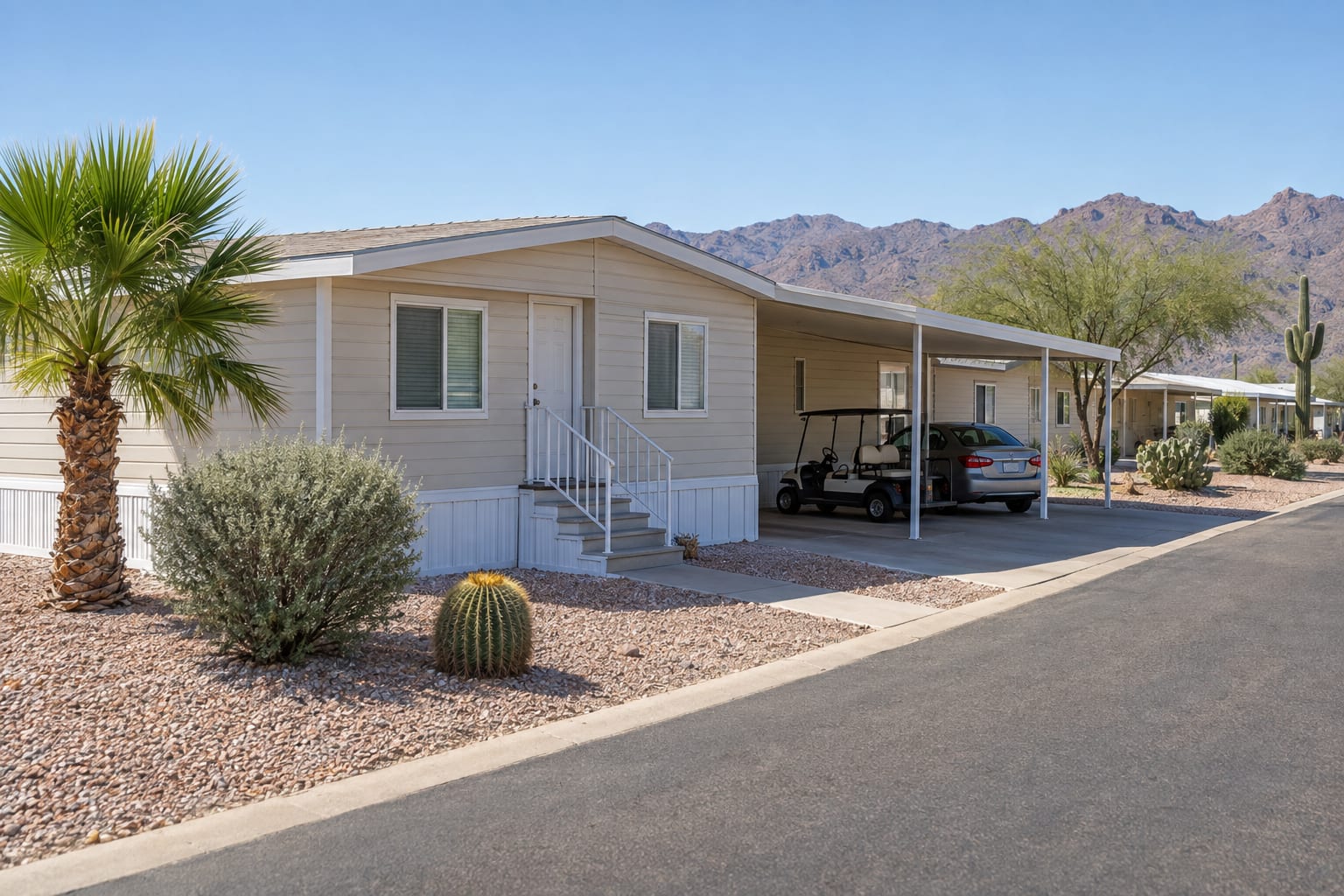 A double-wide manufactured home with a golf cart parked under its carport on a gravel-landscaped street in an Arizona retirement community.