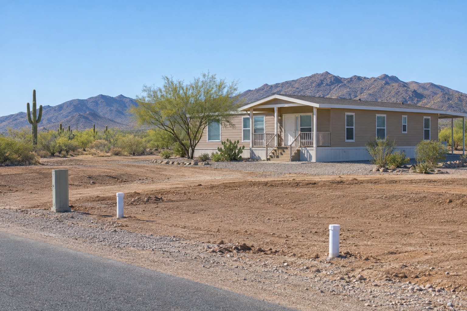 Empty graded lots with utility stubs beside a newly installed manufactured home at the edge of an Arizona town.