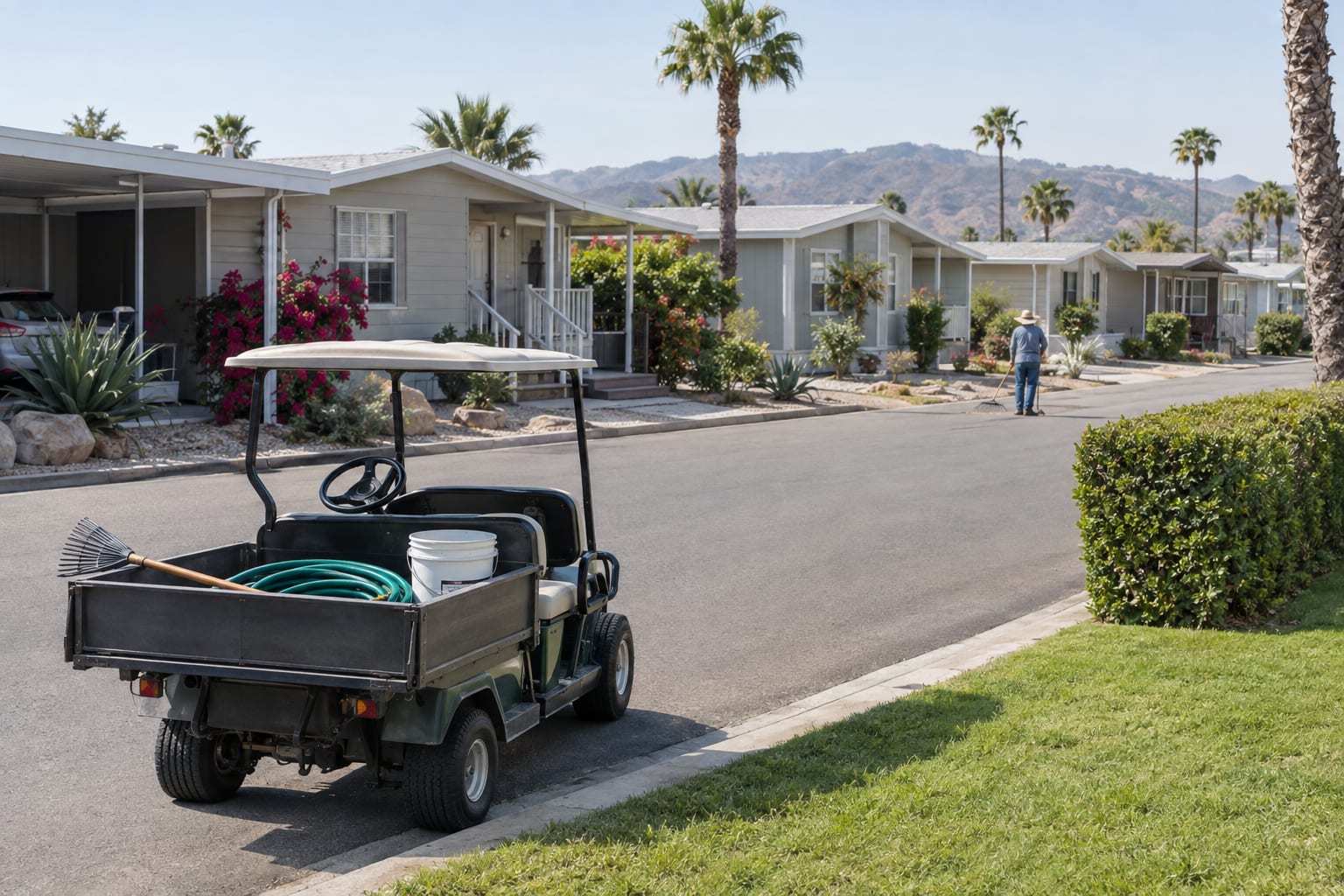 A groundskeeper's utility cart with a rake and a hose parked beside a trimmed hedge on a manufactured home community street