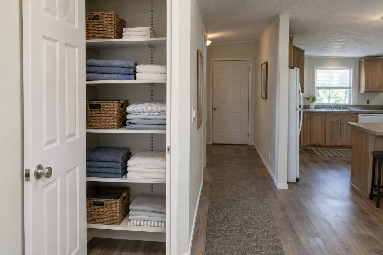 An open linen closet in a manufactured home hallway with white shelves holding folded towels and woven baskets.
