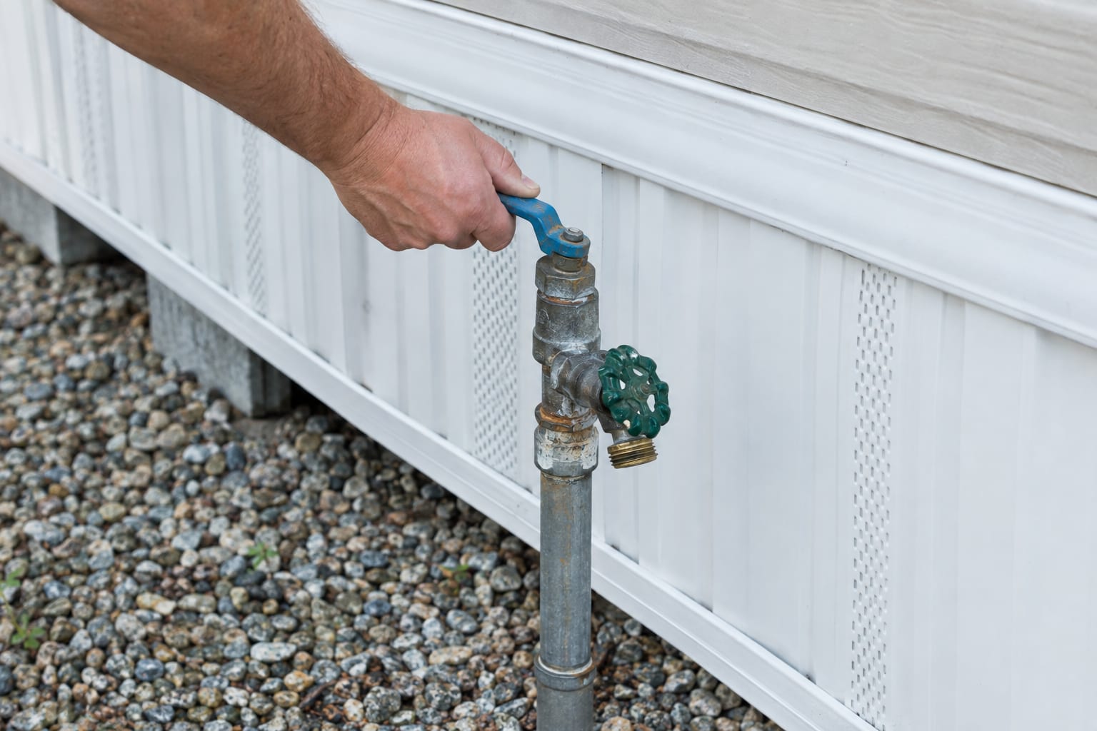 A hand turning the lever of a water shutoff valve on a pipe beside the skirting of a manufactured home.