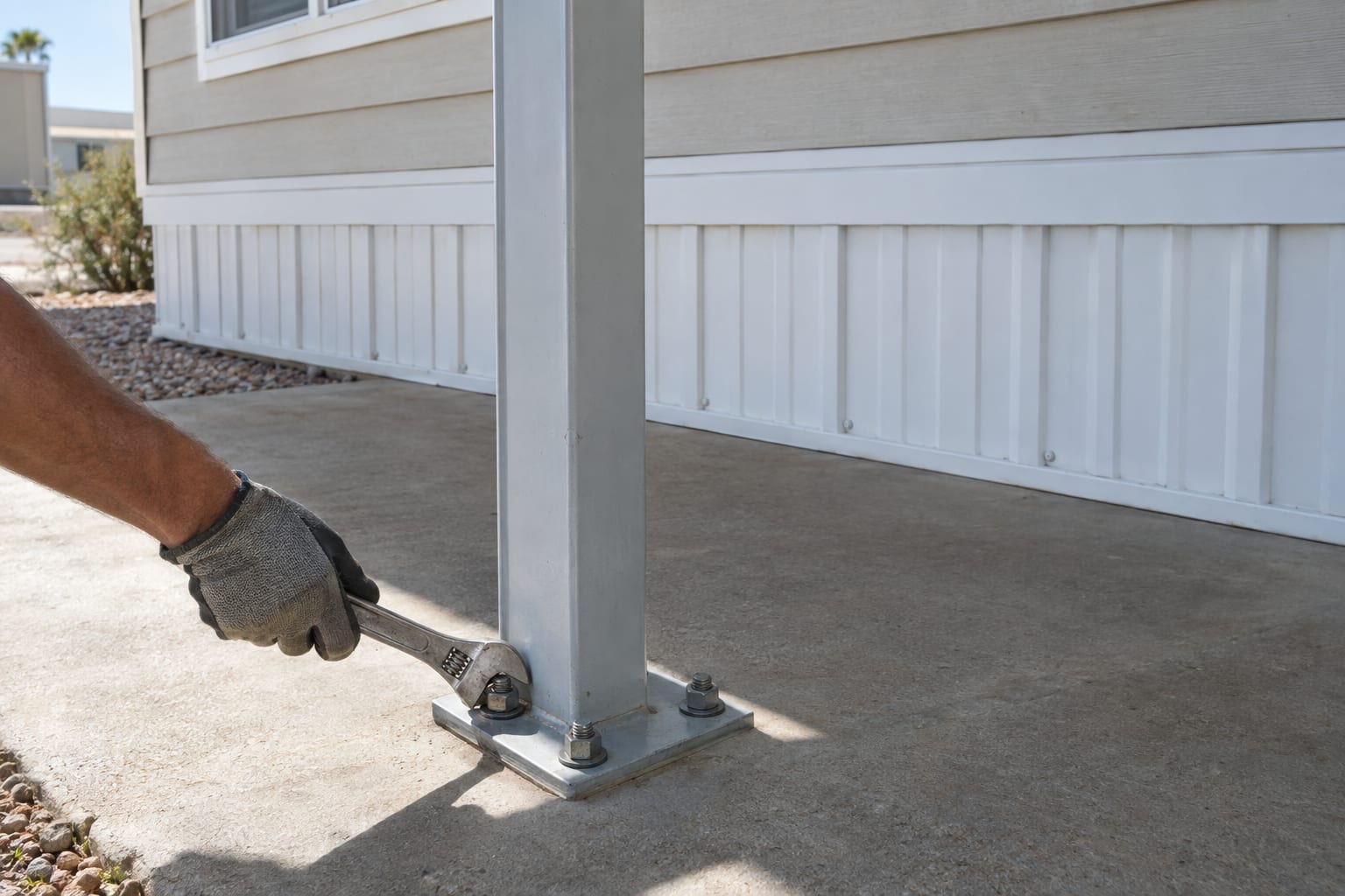 A hand using a wrench on the bolts at the base of an aluminum carport post beside a manufactured home.