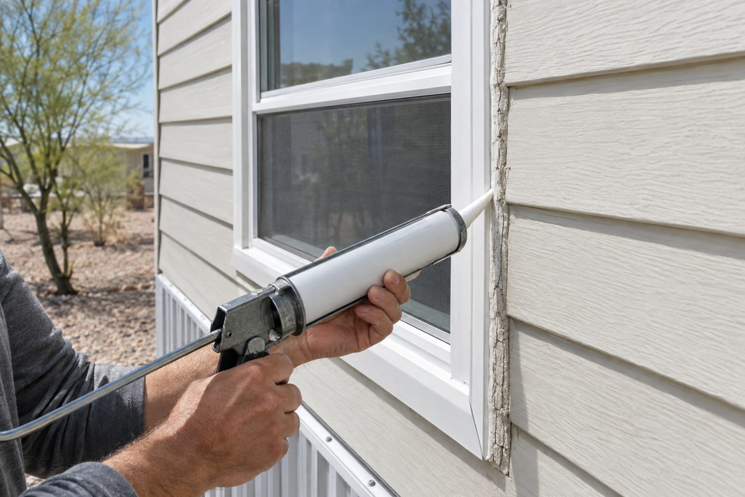 Hands using a caulk gun to seal the edge of a window frame on the lap siding of a manufactured home.