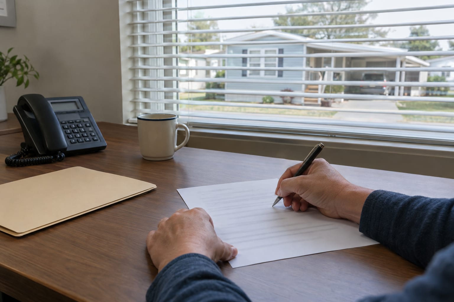 Hands filling in a single sheet of paper at an office desk, with a manufactured home and carport visible through the window behind.