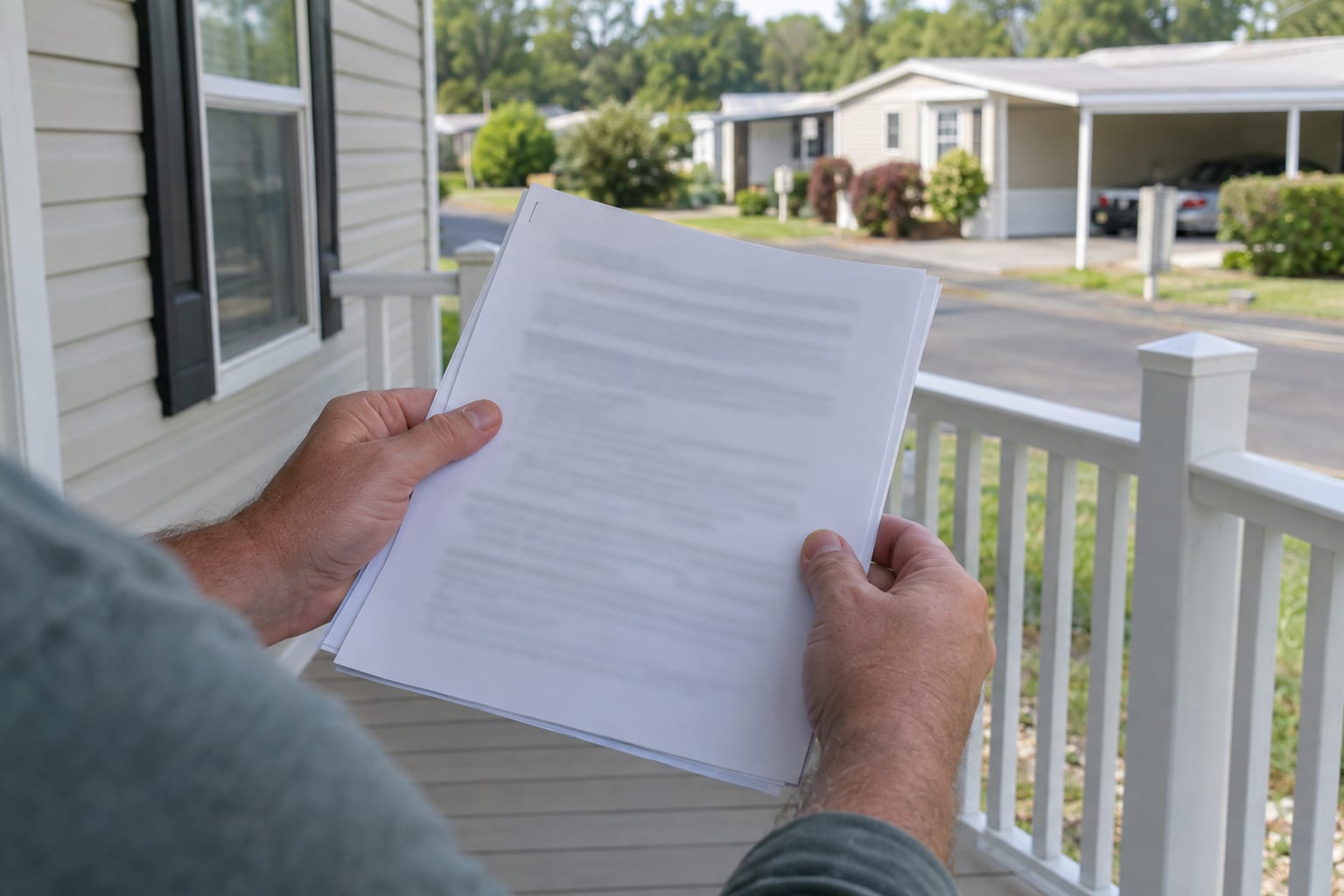 A person's hands holding a stapled set of printed pages on the porch of a manufactured home, with the porch railing and a community street behind.