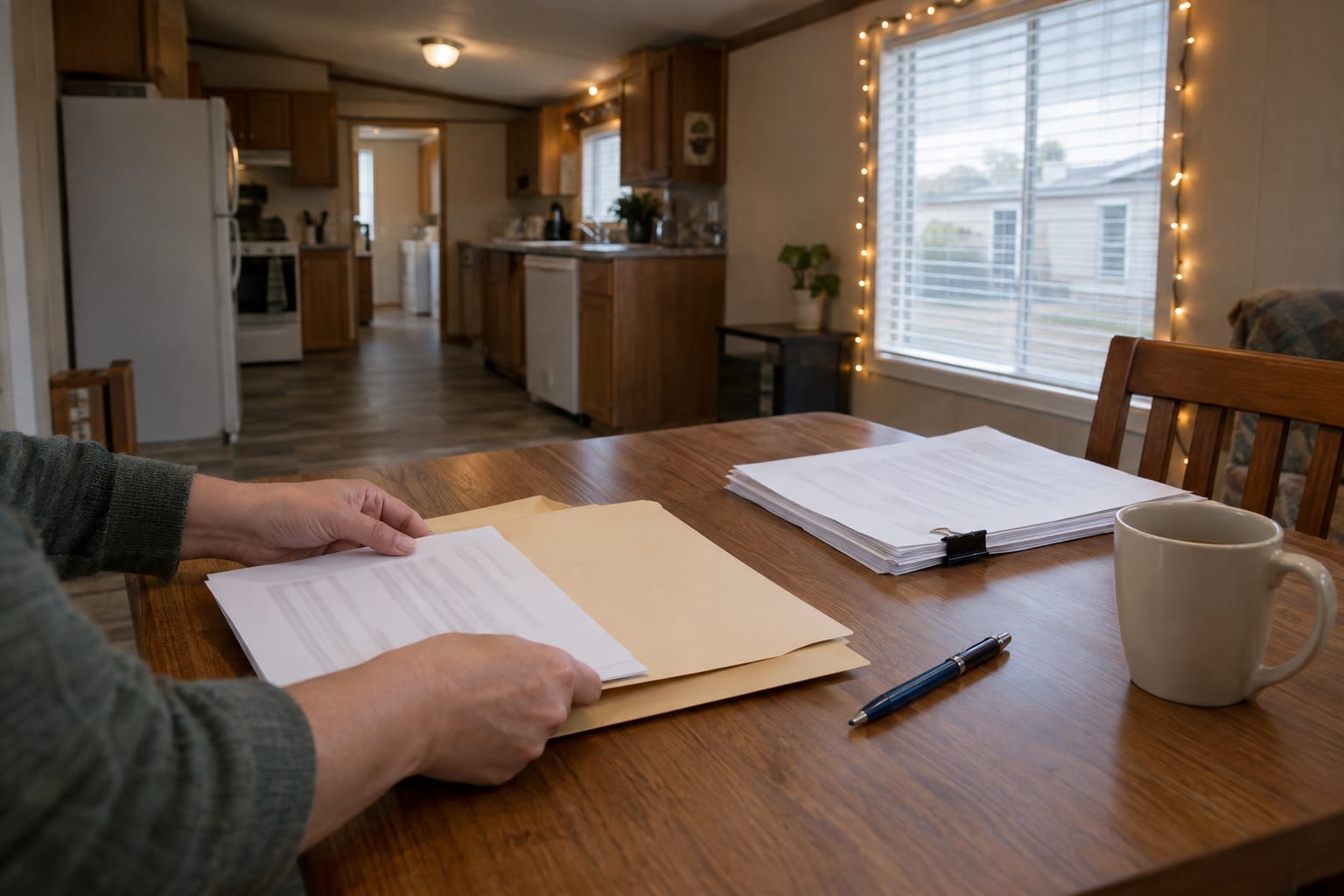 Hands sliding papers into a folder at a dining table, with a string of small white lights around a window in the background