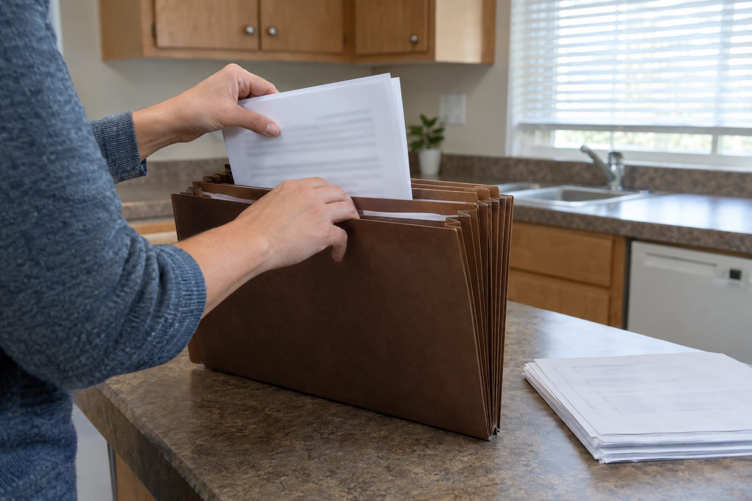 A person's hands sorting pages into an open accordion file on a kitchen counter, the pages showing only faint blurred lines