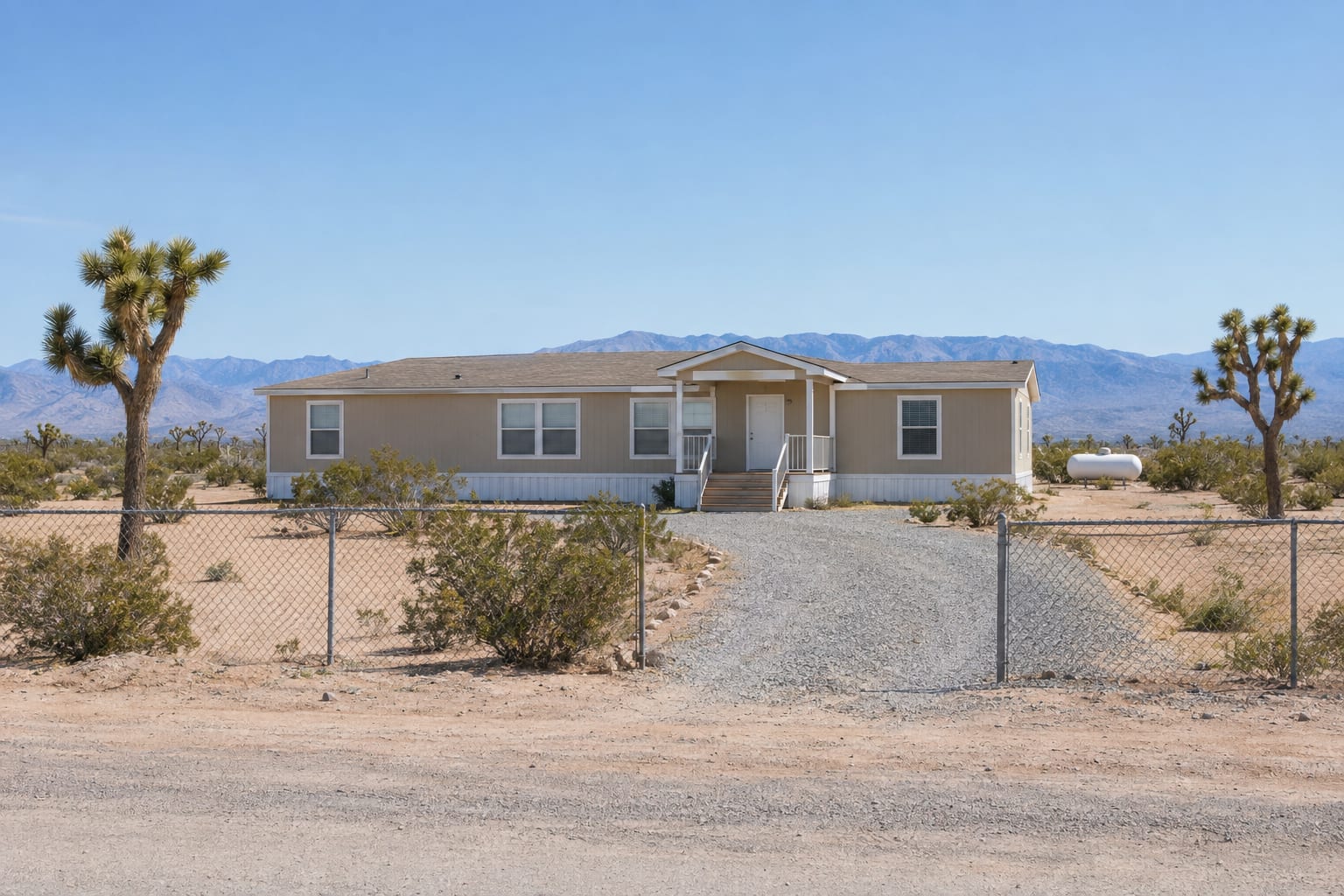 A double-wide manufactured home set back on a large desert lot with a gravel driveway, a propane tank and Joshua trees.