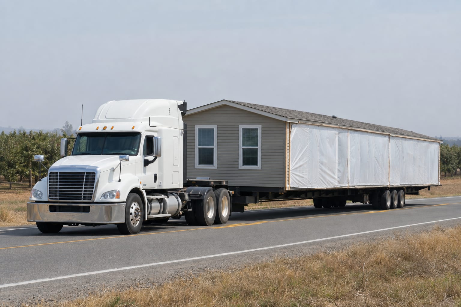 One section of a new manufactured home, wrapped in white sheeting on one side, being towed on its chassis along a two-lane road.