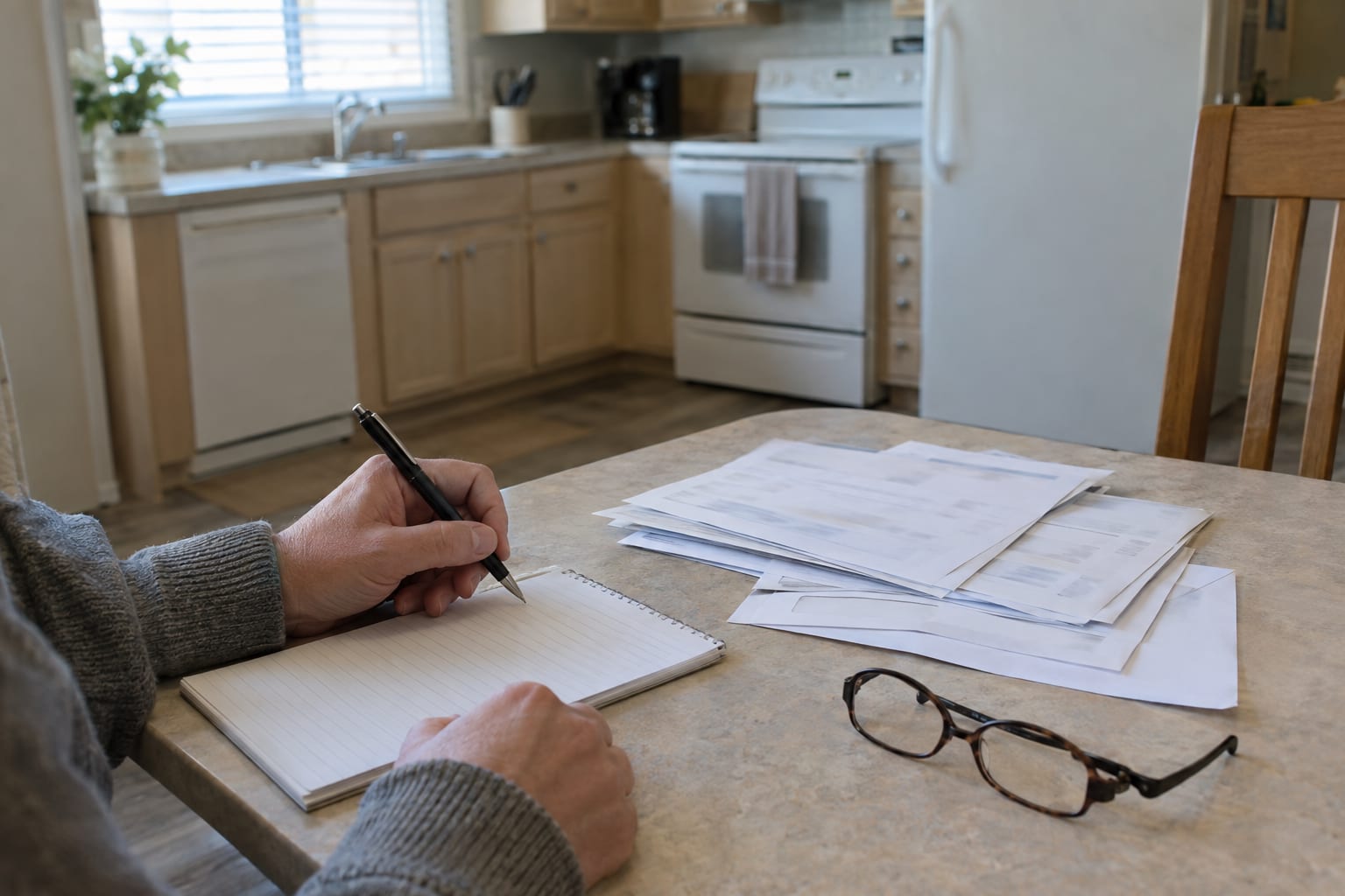 Hands holding a pen over a notepad beside a stack of opened envelopes and statements on a kitchen table.