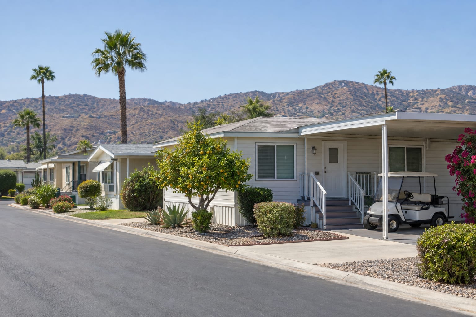 A quiet street of double-wide manufactured homes with carports in an inland valley community, a golf cart under one carport and dry hills behind.