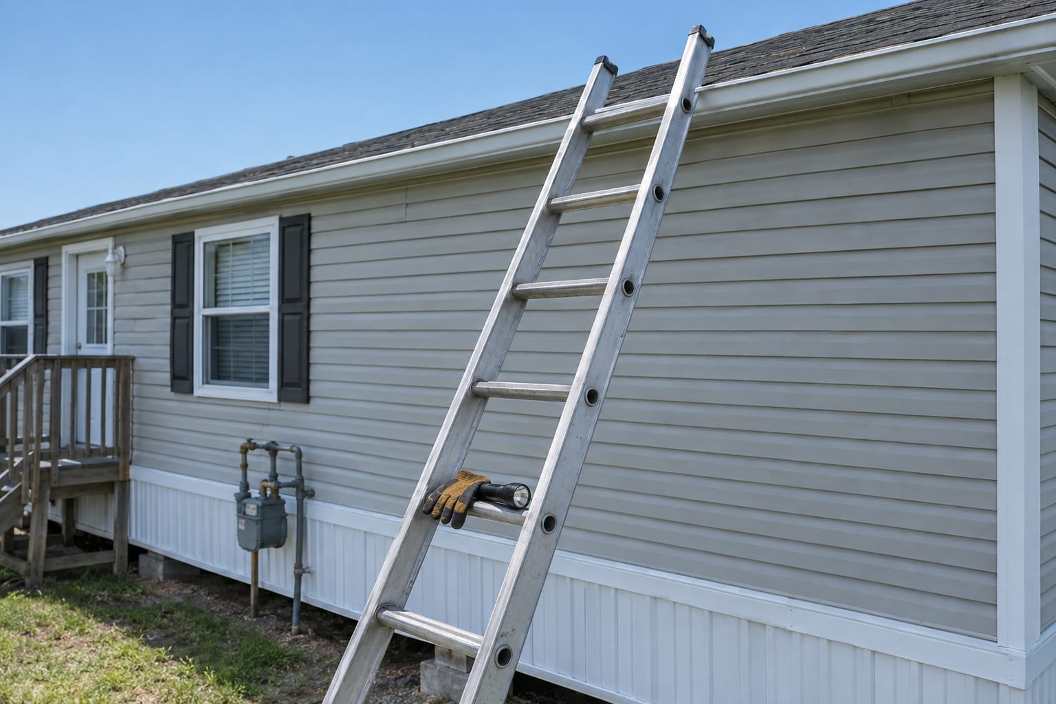 An aluminum ladder leaning against the eave of a manufactured home, with the edge of the shingle roof and gutter in view