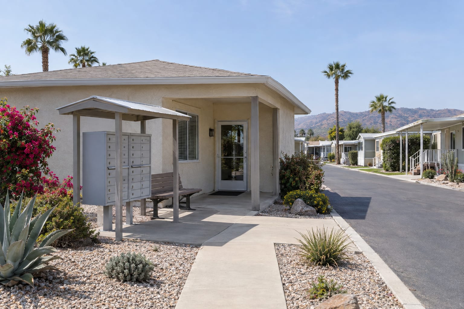 The single-story office building of a manufactured home community with a covered entry, a bank of cluster mailboxes beside the walkway and homes along the street behind it.