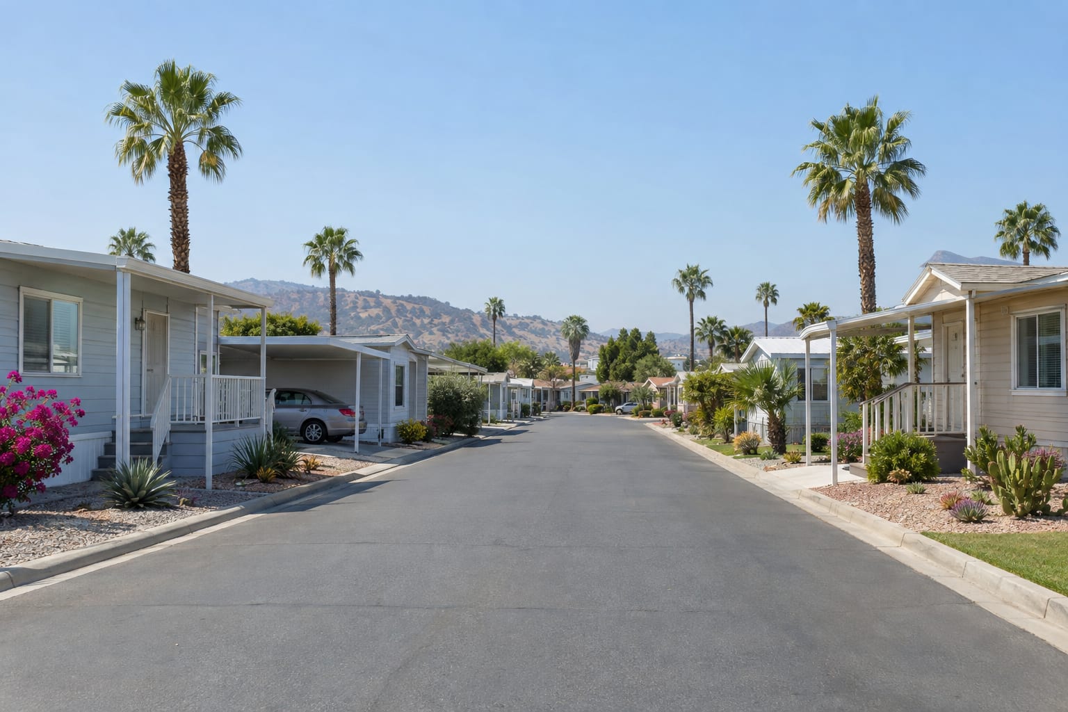 A street in a manufactured-home community lined with single-wide and double-wide homes, each with a carport and a small front yard.