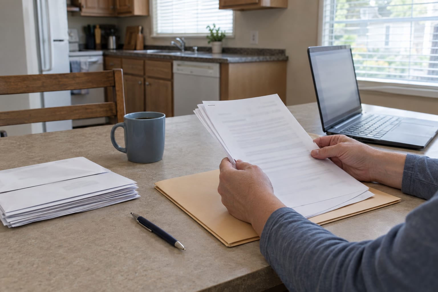 Hands sorting loan paperwork into a folder at a kitchen table, next to an open laptop, a pen and a coffee mug