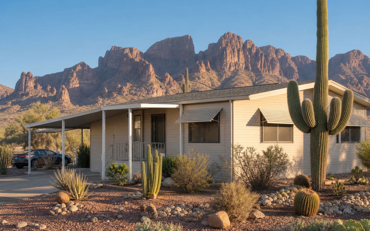 A manufactured home in an Arizona desert community with rugged mountains behind