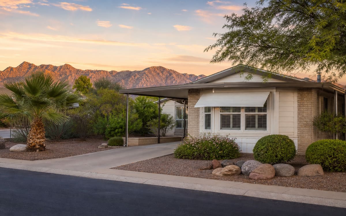 A manufactured home in a Phoenix West Valley community with distant mountains