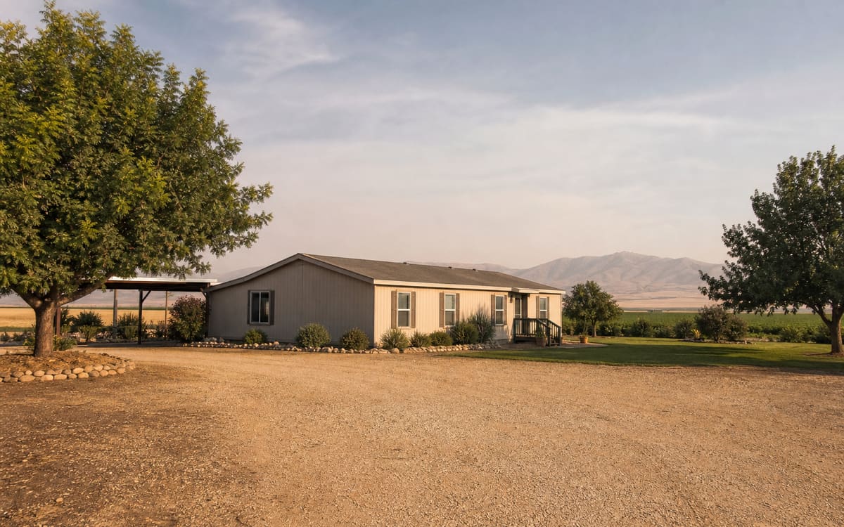 A manufactured home on a wide lot at the southern end of California's Central Valley