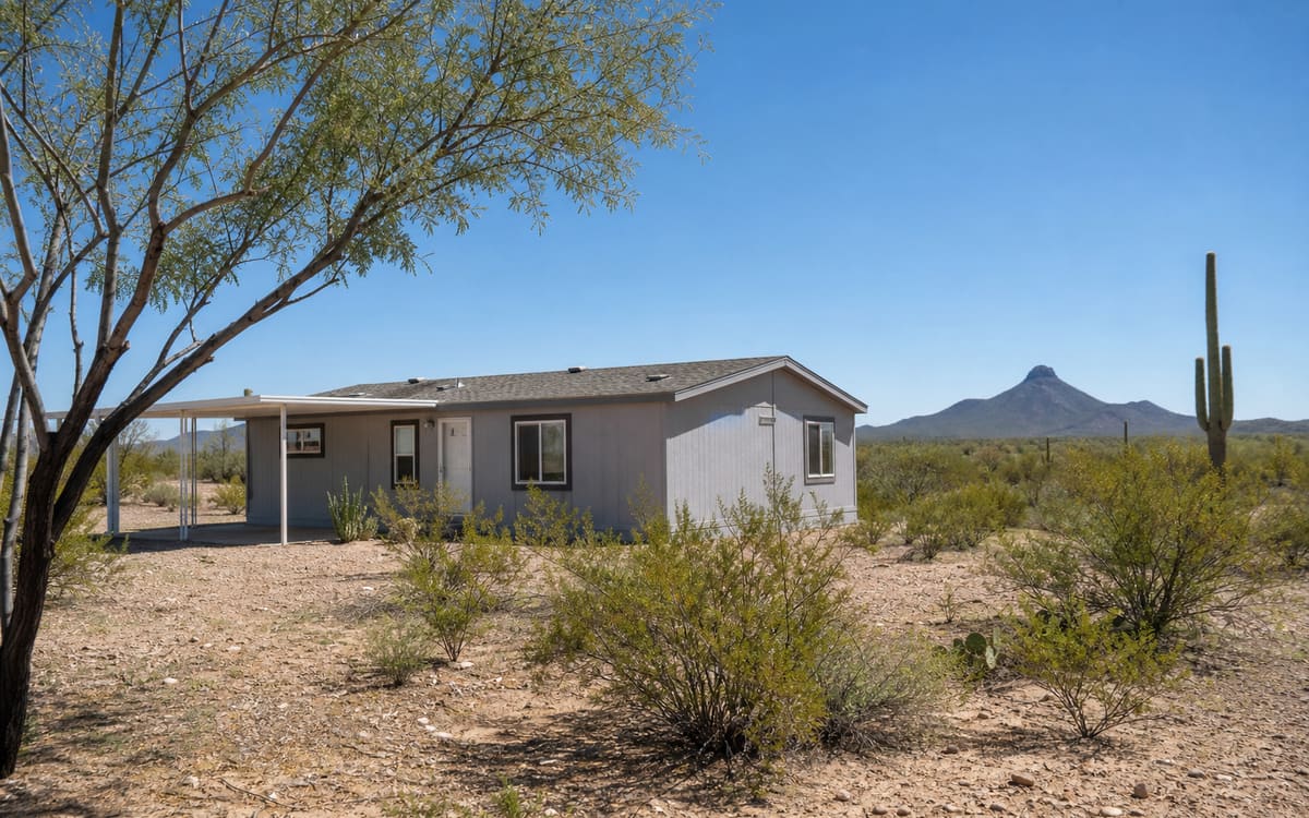 A manufactured home on a flat Pinal County desert lot with a distant mountain