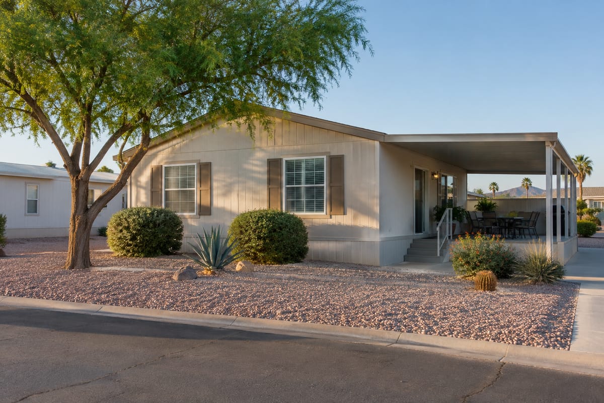 A manufactured home with a covered patio and desert landscaping in a Phoenix East Valley community