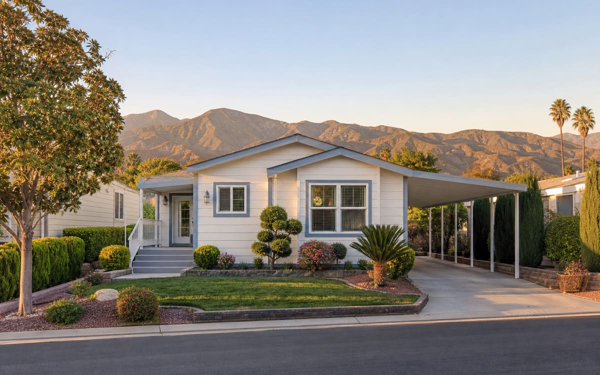 A well-kept manufactured home in a western Riverside County neighborhood
