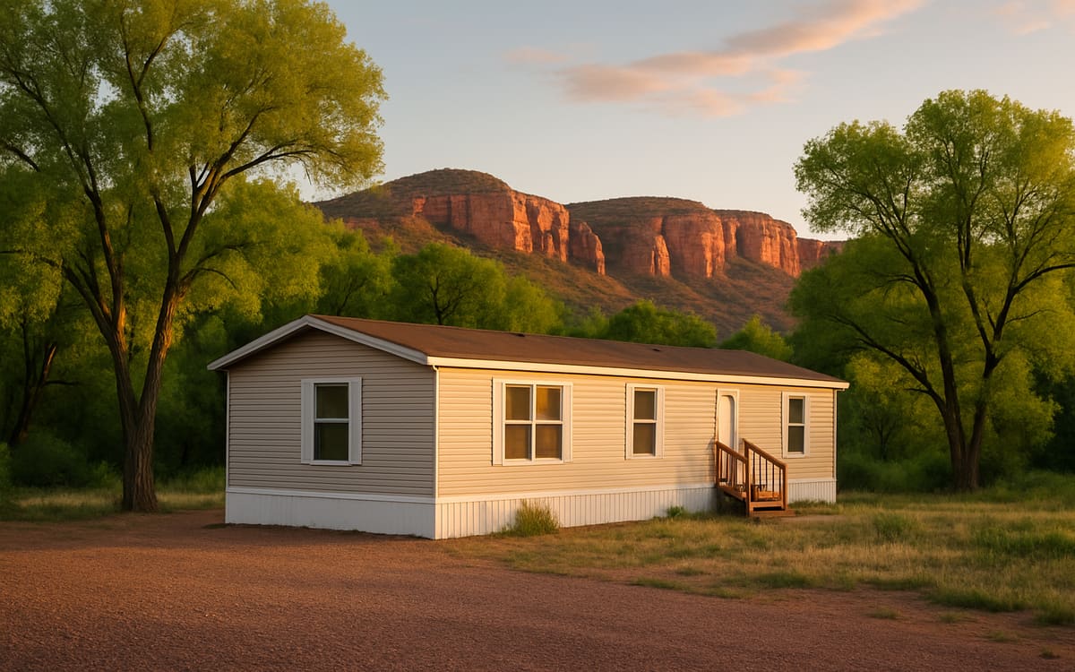 A manufactured home in Arizona's Verde Valley with green cottonwood trees and distant red rock cliffs