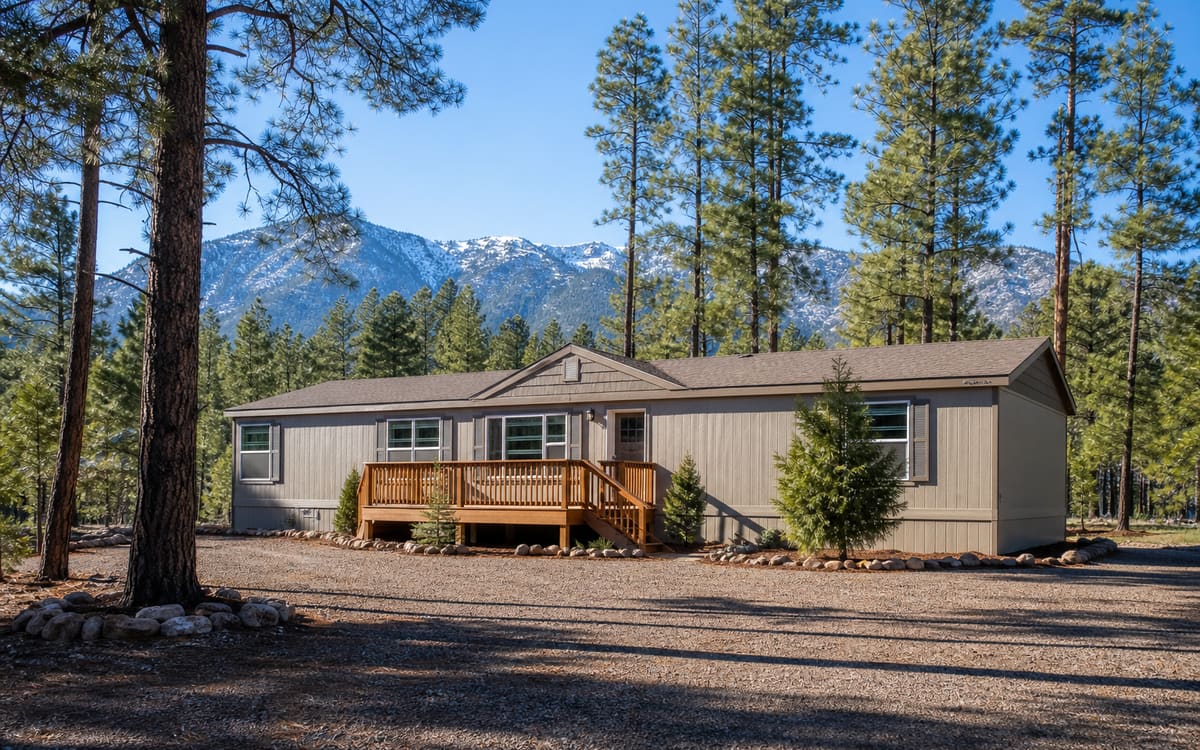 A manufactured home in a northern Arizona pine forest clearing with snow-dusted peaks behind