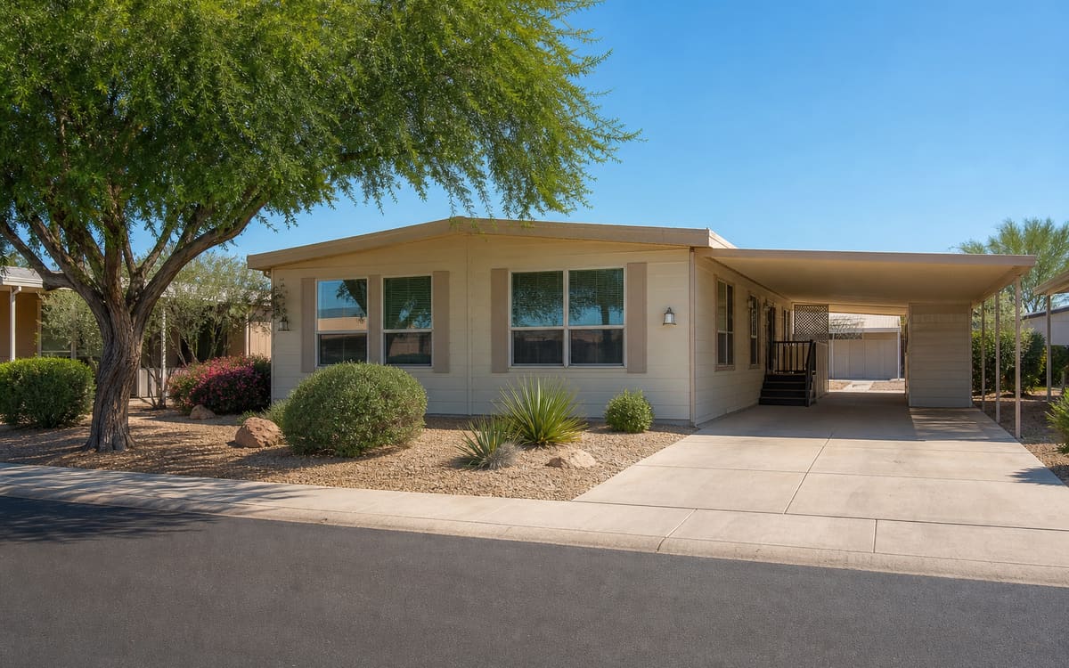 A tidy manufactured home in a suburban Phoenix East Valley Arizona community with green shade trees