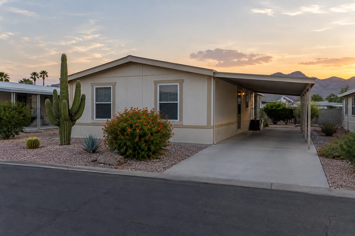 A manufactured home with a carport in a Phoenix West Valley community with low mountains in the distance