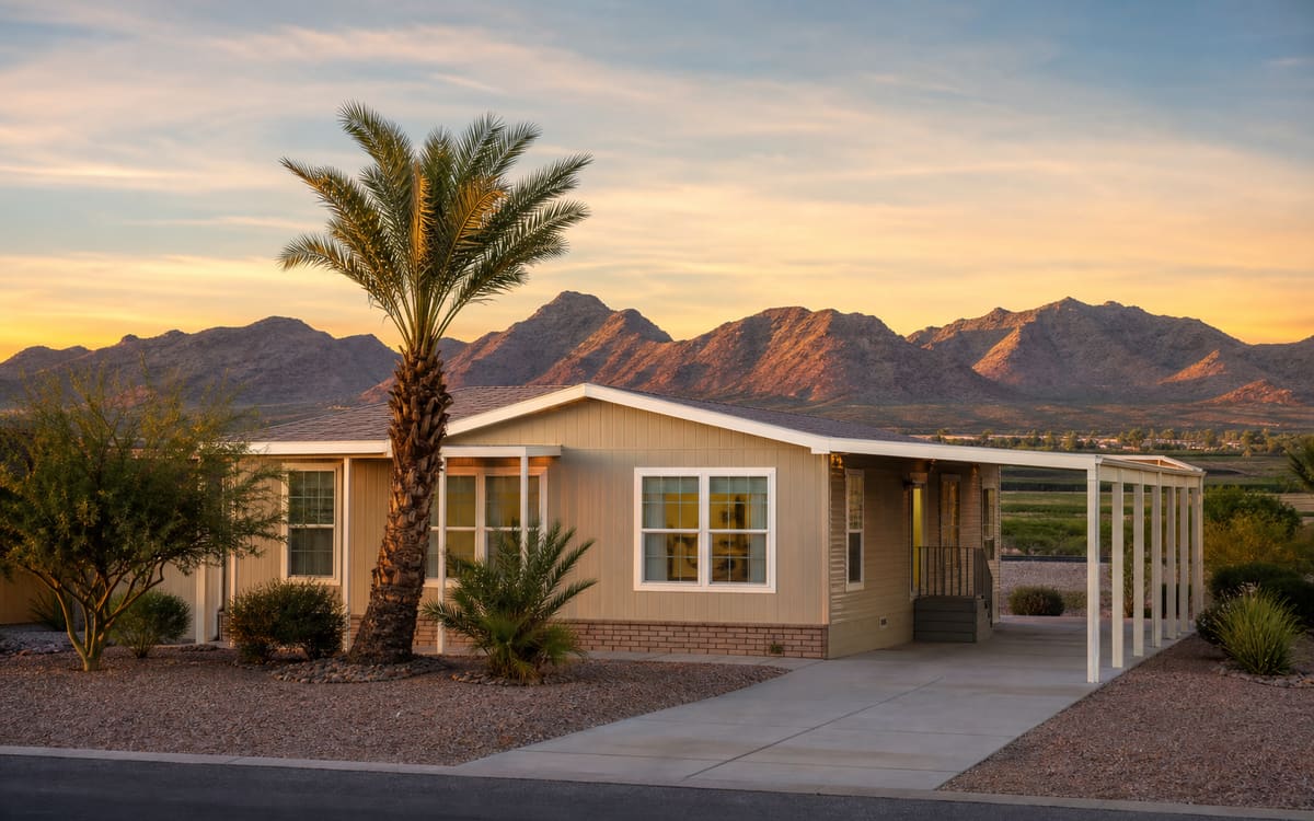 A manufactured home in a southwest Phoenix valley Arizona community with mountains behind