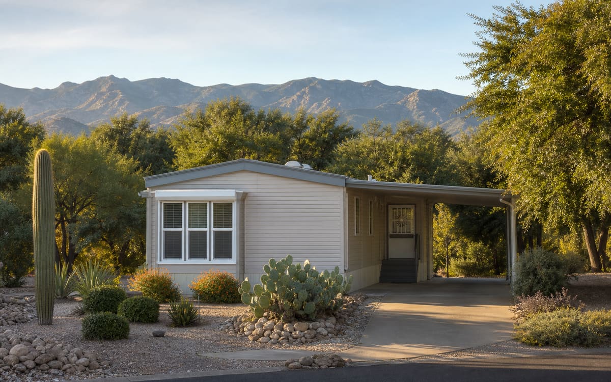 A manufactured home in a southern Arizona desert retirement community with pecan groves and mountains behind