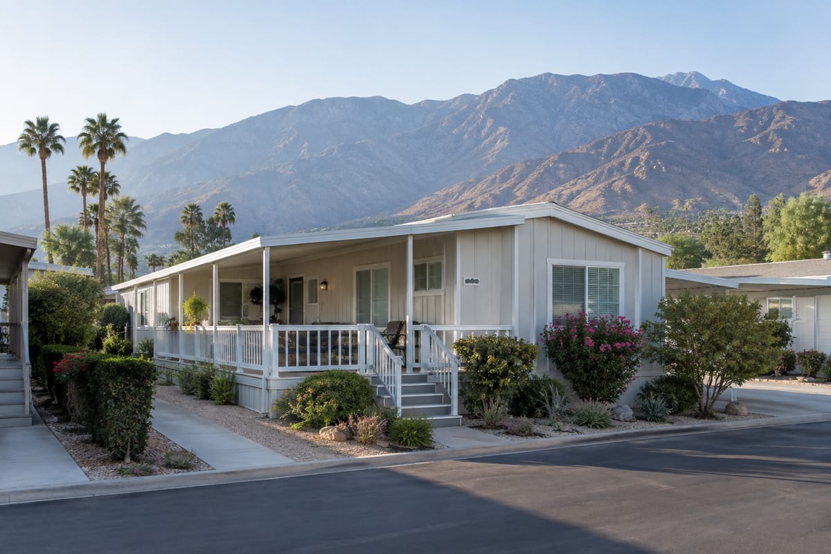 A manufactured home with a covered porch in a San Jacinto Valley community with mountains behind