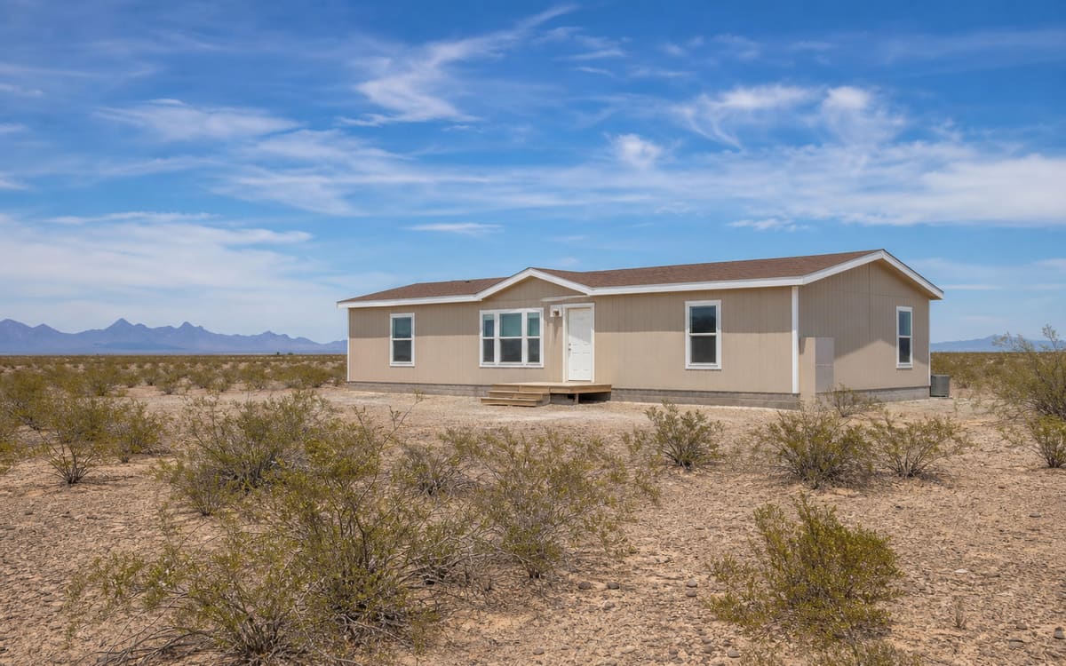 A manufactured home on a flat open Pinal County Arizona desert parcel with a distant mountain silhouette