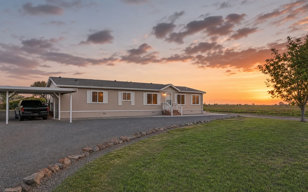 A manufactured home on a spacious lot at the edge of a Central Valley town